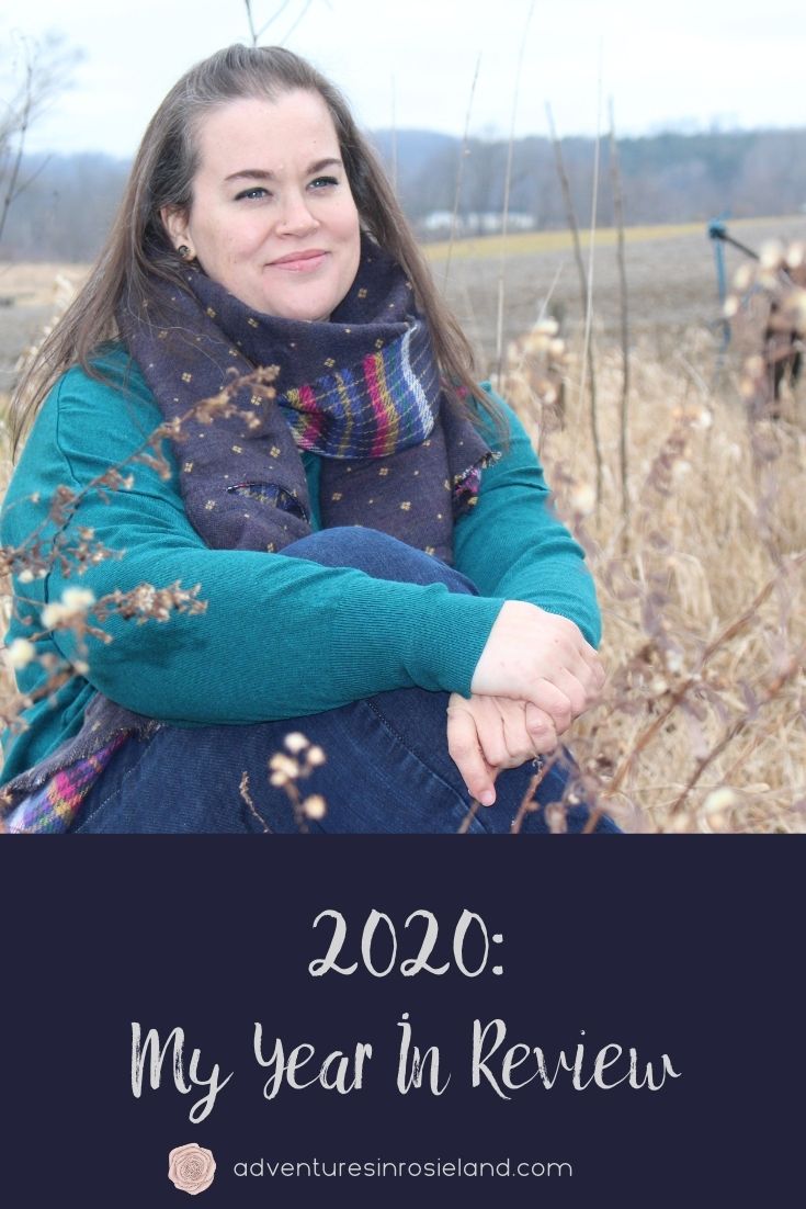 pin image for 2020: My Year In Review post, pic of me sitting in field